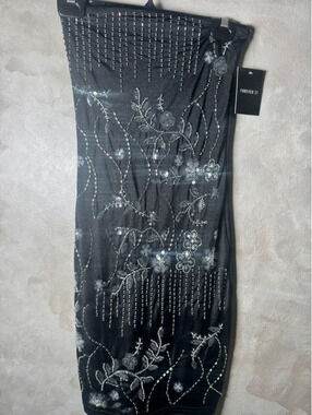 Forever 21 Black Silver Beaded Sequin Floral Bodycon Midi Skirt NWT XS